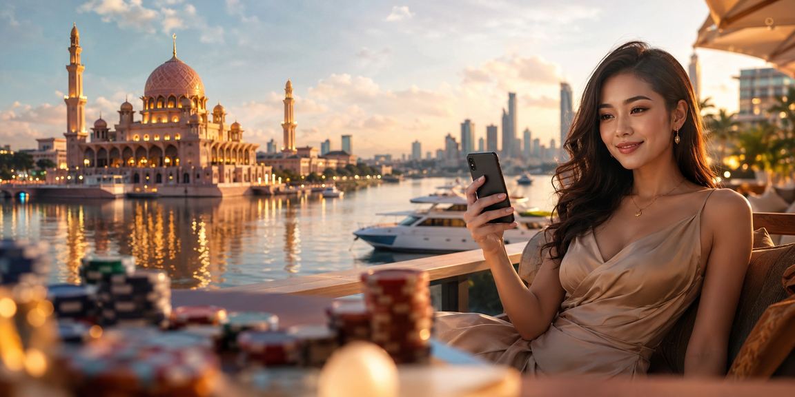 Pemain mengakses permainan slot pv2 dari telefon pintar dengan latar Putrajaya moden
